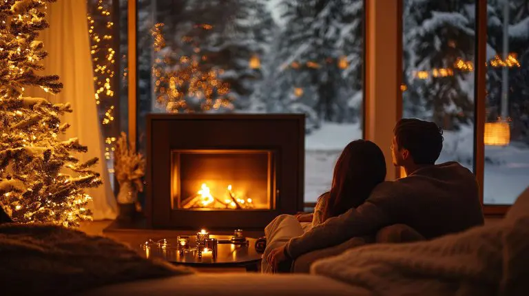Ein Paar entspannt sich auf einem gemütlichen Sofa in der Nähe eines geschmückten Weihnachtsbaums. Sie genießen einen ruhigen Winterabend am Kamin, während draußen Schnee liegt. (AdobeStock)