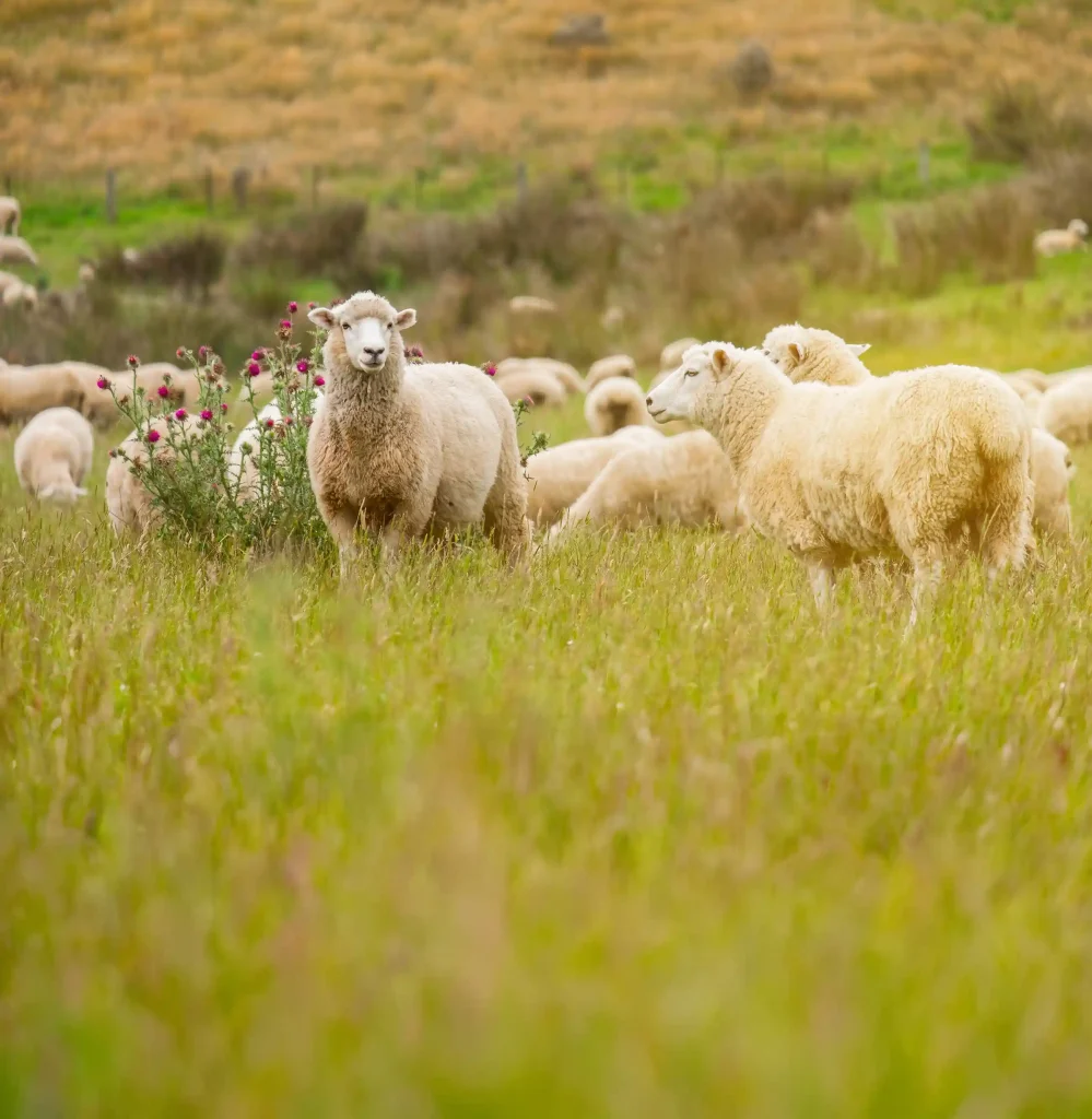 Mehrere Schafe grasen entspannt auf einer grünen Wiese unter blauem Himmel. ©AdobeStock